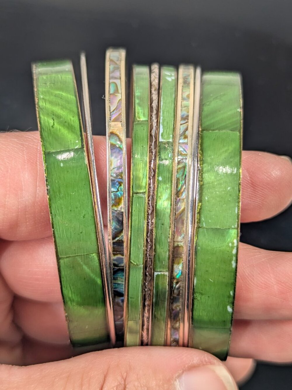 Green and white abalone shell bangle set Alpaca Mexico, paua shell bangles